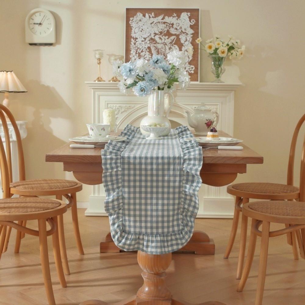 Rustic Style Ruffled Edge Table Runner Solid Color Rectangular Dinning Table Runner Anti Slip Washed Cotton Table Flag