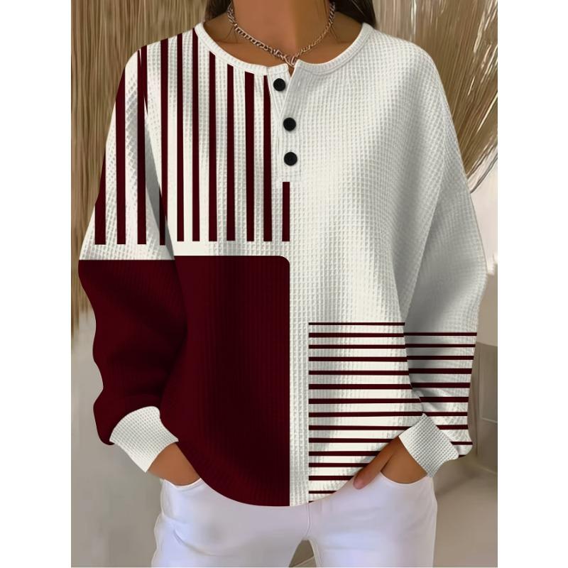 Regular Size Women'S Henley Collar Waffle Long Sleeve T-Shirt Maroon White Contrast Geometric Vertical Stripe Square Print