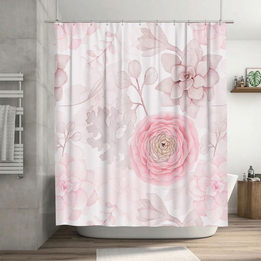 Delicate Pink Floral Shower Curtain Decorative Watercolor Print for Bathroom Polyester Fabric with Rings Various Sizes Available