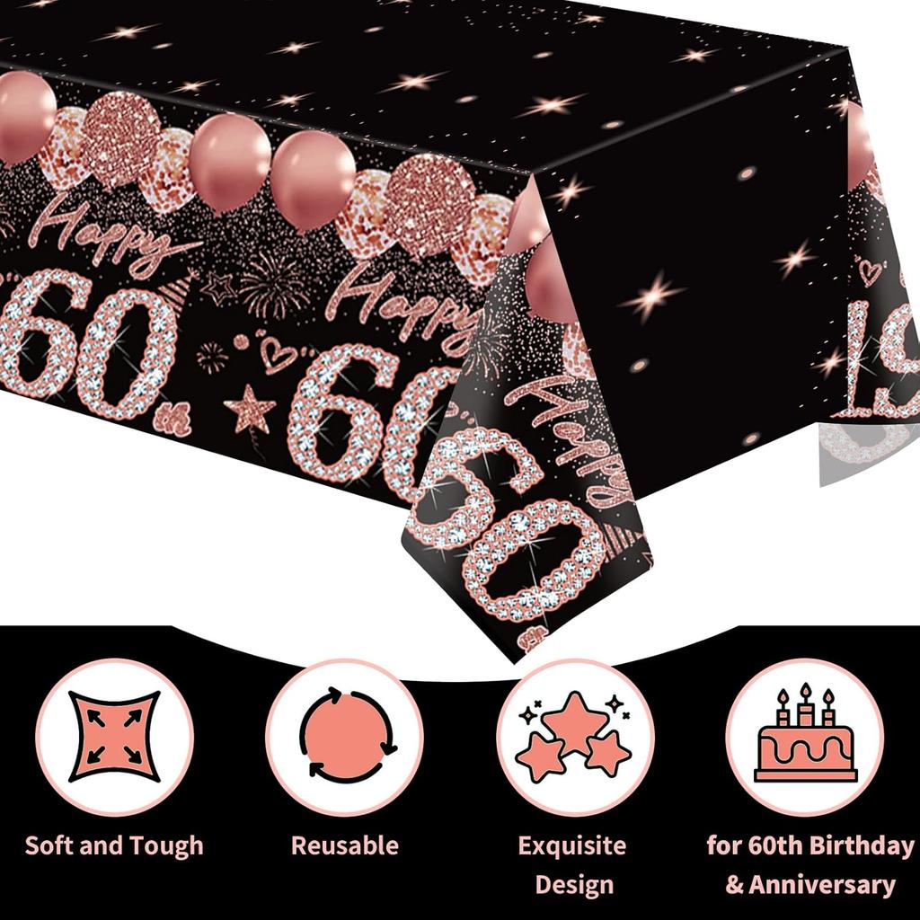 2pcs 60th Birthday Tablecloth, Black Rose Gold 60th Birthday Decorations for Woman Vintage 1966 Table Cloth Plastic Rectangular Table Cover Happy 60