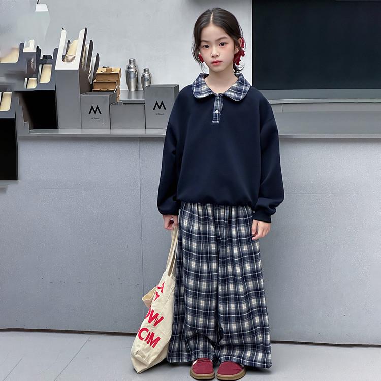 

2025 New Early Autumn Girls Turn-Down Collar Sweatshirt Set for Middle School 160cm темно-синий