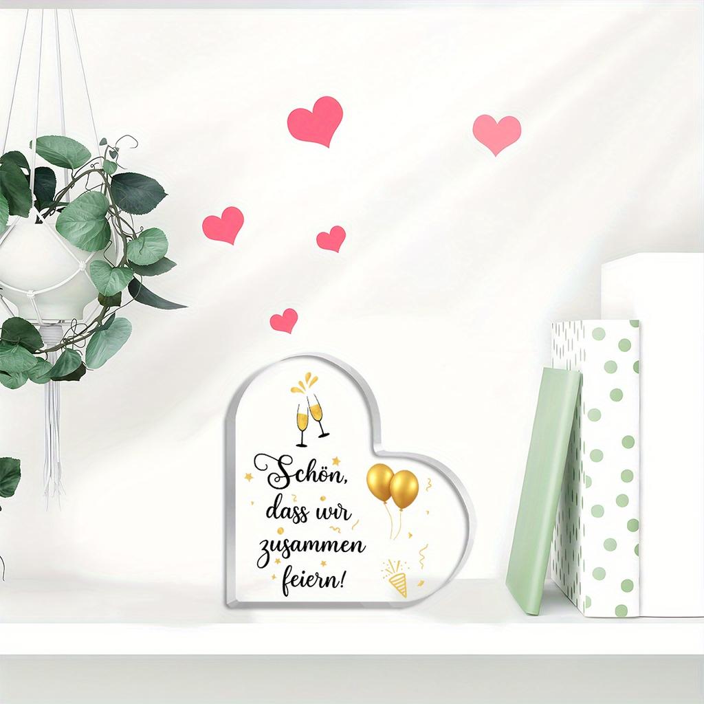Elegant Heart-Shaped Acrylic Champagne Balloon Table Centerpiece with German 'Cheers to Good Times Together' Message