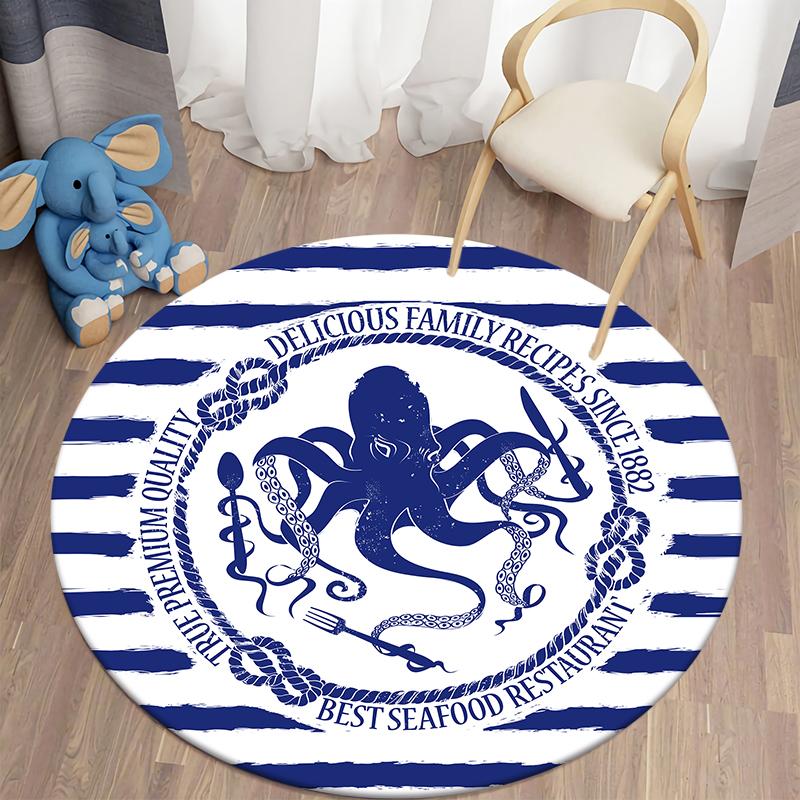 Sailing Blue Line Pattern Circular Carpet Home Living Room Bedroom Children's Room Floor Decoration Flange Carpet