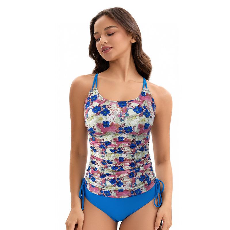 2026 European and American swimsuit women s split floral print belly cover conservative briefs bikini S синий