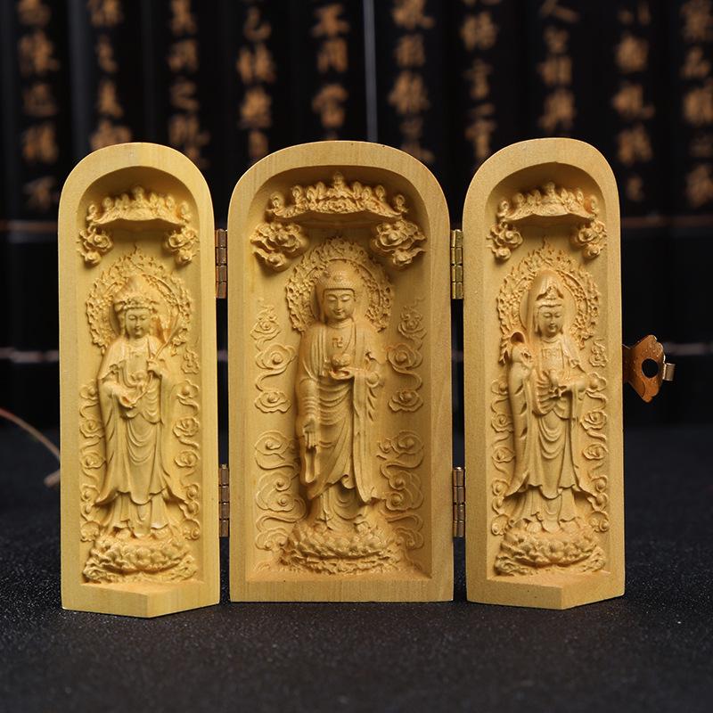 Boxwood Three-Fold Buddha Statue: Western Three Saints Wooden Carving Ornament Gift