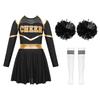 Mädchen Cheerleading Outfit Buchstabendruck Off-Shoulder Schlüsselloch Rücken Langarmkleid mit Blumenbällen Gestreifte Socken