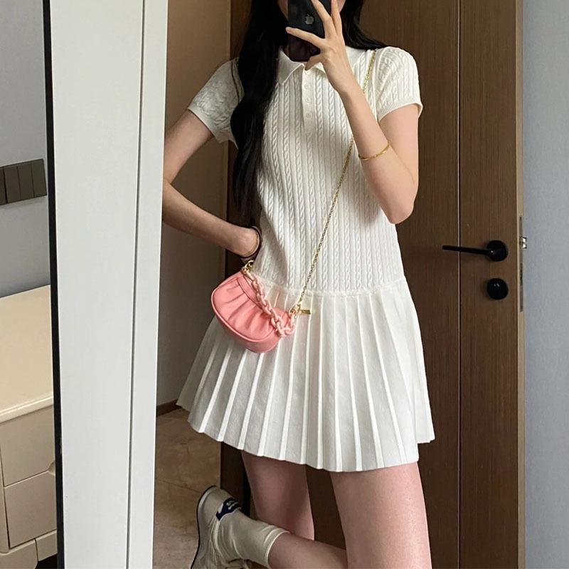 Women's White Cable Knit Patchwork Dress with Polo Collar and Pleated Skirt – Slim Fit Summer Mini Dress
