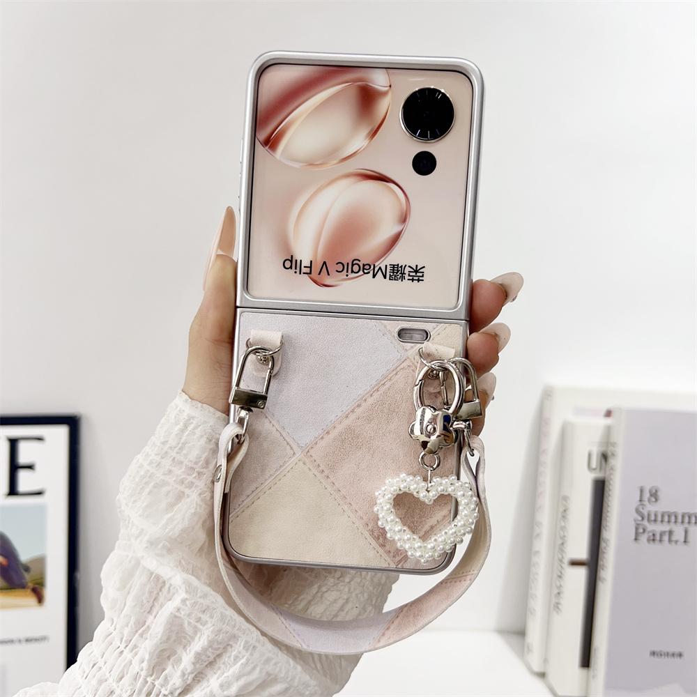 Retro Color Collision Phone Case For Honor Magic V Flip Hand Strap Protective PC Hard Shell Magic V Flip Back Cover
