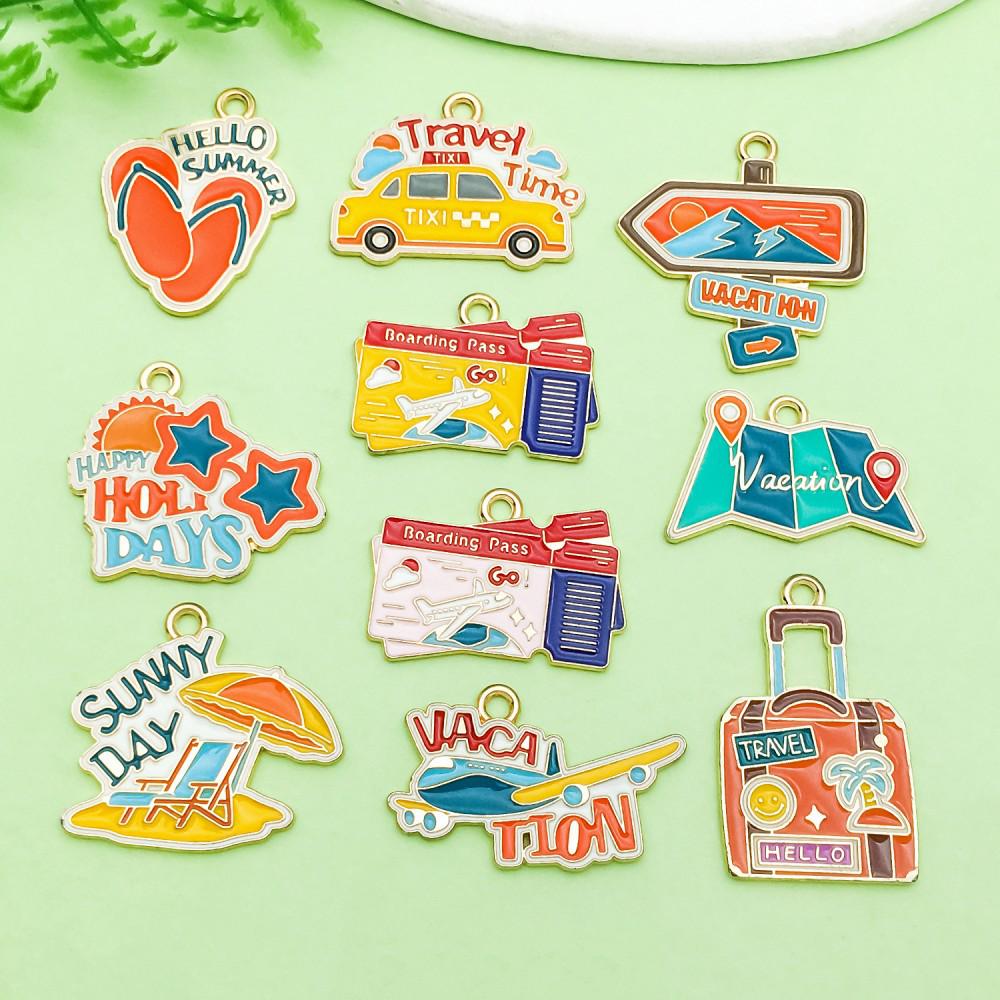 Colorful Enamel Cartoon Beach Charms for DIY Jewelry - Summer Travel Style, Set of 10
