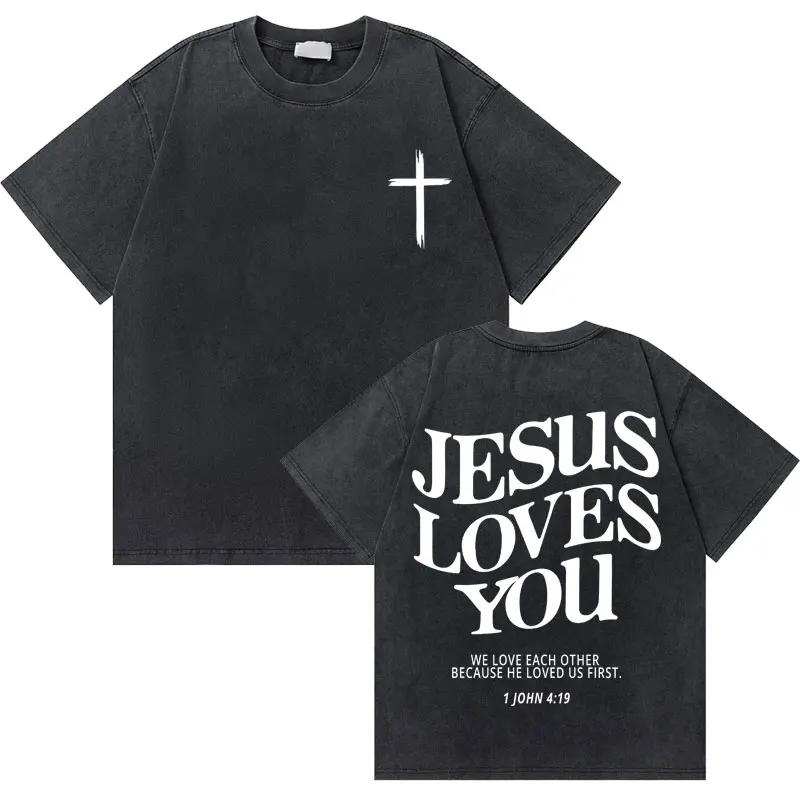 Gewaschenes Vintage Christian Jesus Grafik T-Shirt für Herren Hohe Qualität Baumwolle T-Shirts Herren Hip Hop Gothic Oversized T-Shirt Streetwear