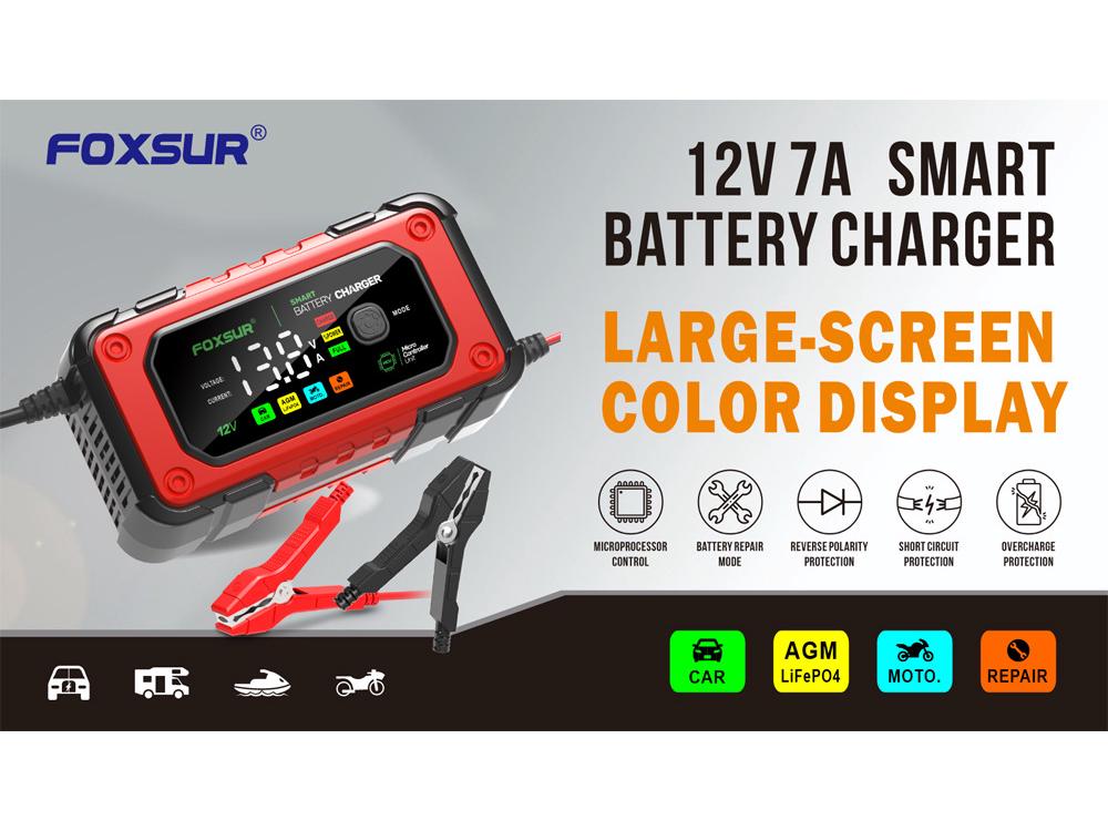 FOXSUR 12V 7A Charger for Lead-Acid & Lithium Iron Phosphate Batteries with Large Color Screen