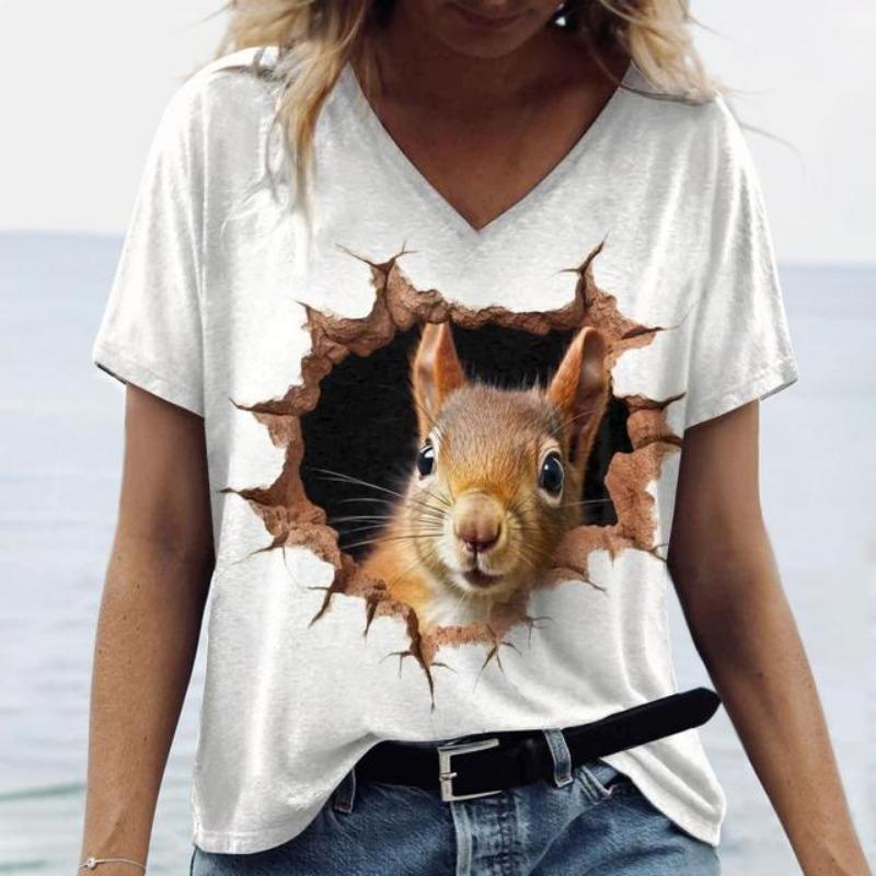 

Футболка с принтом игривых животных для женщин, летние повседневные футболки с коротким рукавом, кавайные топы с V-образным вырезом, футболки, женский свободный свитер XL