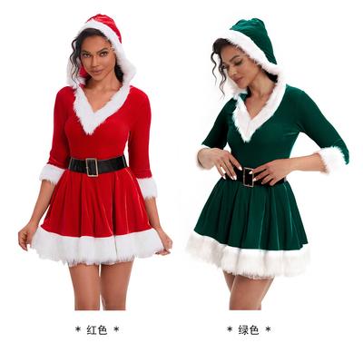 Christmas Santa Women's Carnival Costume Set, V-Neck Hooded (Red/Green), Sexy Spicy Girl Festive Dress with Belt