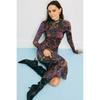 High Neck Mesh Floral Print Long Sleeve Bodycon Dress Vintage Ruched Mid Length Women