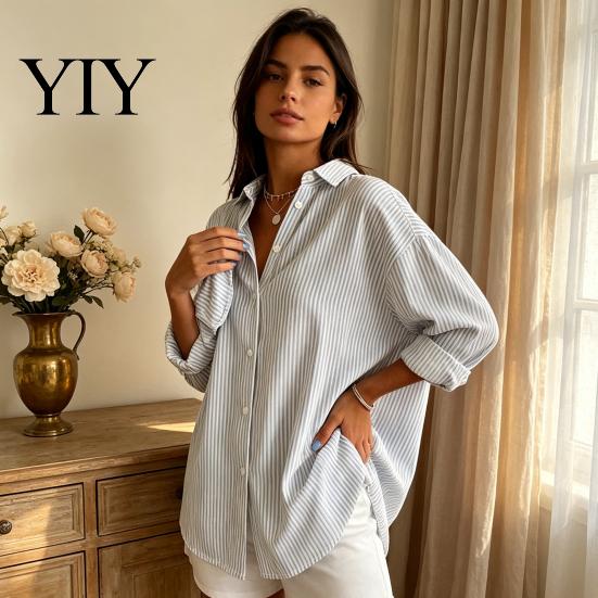 Women Collared Shirts Striped Shirt for Summer Autumn, Button Down Single Machine Washable Breasted Blouse, Dressy Casual Long Sleeve Top Breathable