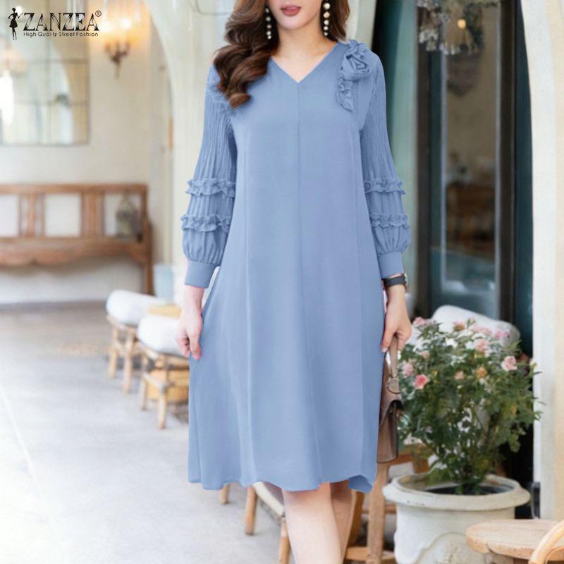 ZANZEA Women Casual V-Neck Loose 3/4 Sleeve 3D Flowers Splice Dress