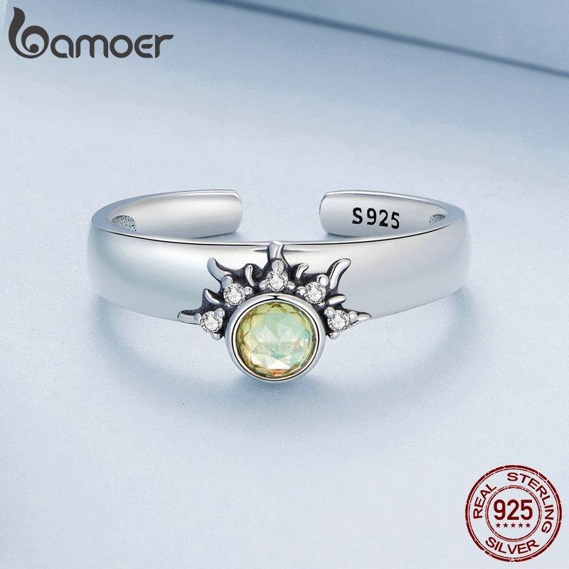 BAMOER 925 Sterling Silber Sonne und Mond Stapelbarer Öffnungsring Paarring für Frauen Schicker feiner Schmuck für Paare