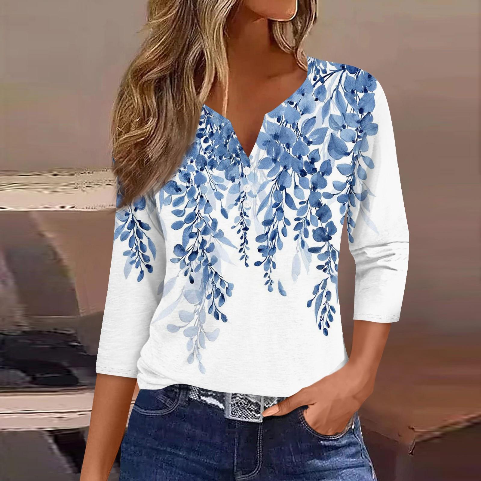 

Жен. Футболка Футболка С принтом Пуговицы Рукав 3/4 Повседневные Выходные Мода Классический Классический V-образный вырез Обычный Верх S