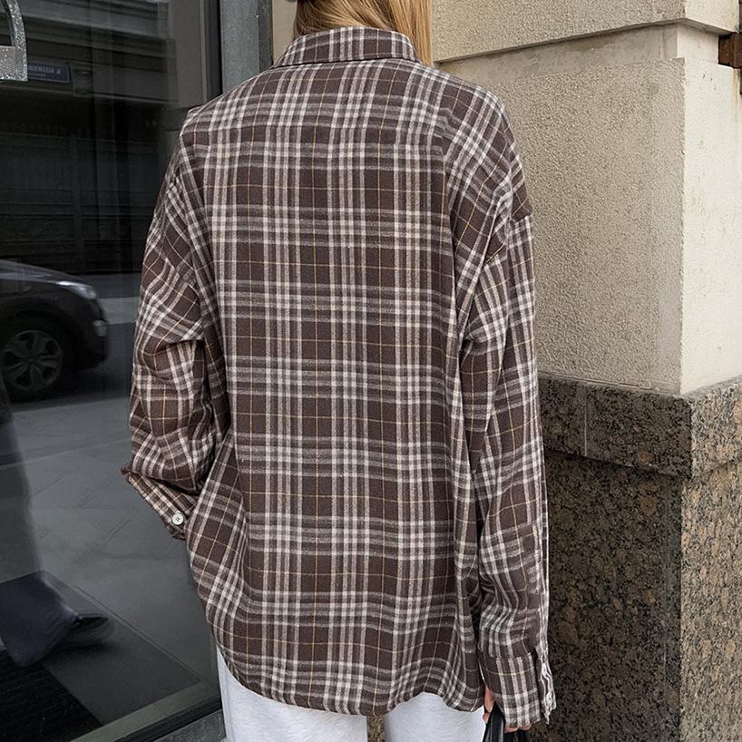 American Classic Plaid Polyester Cotton Lapel Loose Casual Shirt 1116 European and American Autumn Fashion New Women's Cardigan