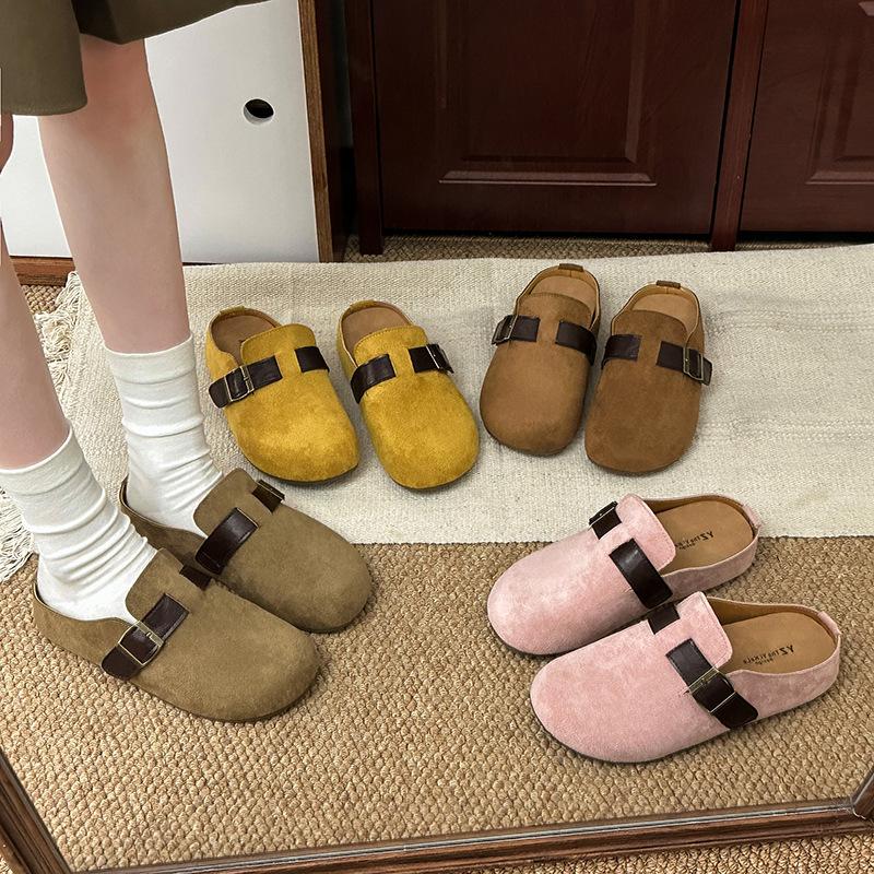 Baotou buckle flat slippers women's 2025 new retro fashion temperament casual single shoes comfortable half slippers women