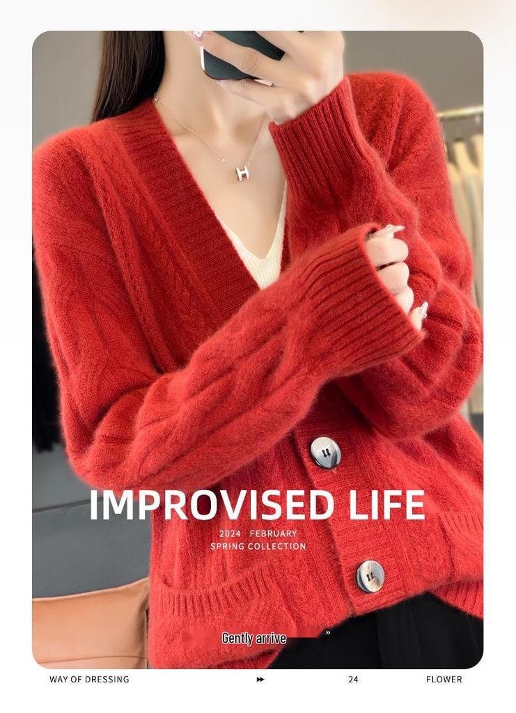 V-neck Pure Wool Loose Knit Cardigan – Long Sleeve Autumn/Winter Sweater