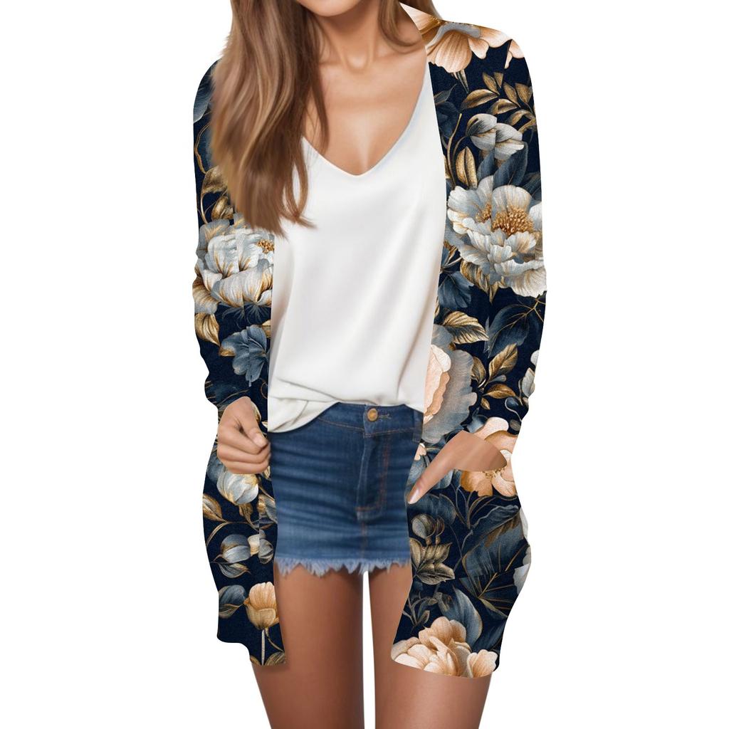 Women's Fashion Casual Retro Floral Print Mid-Length Cardigan Jacket