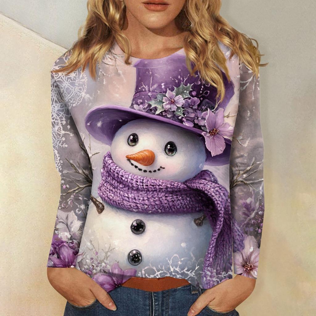 Women's 3D Christmas Snowflake Snowman Printed Round Neck Long Sleeve T-shirt Casual Long Sleeve Top Party Loose Women's Top