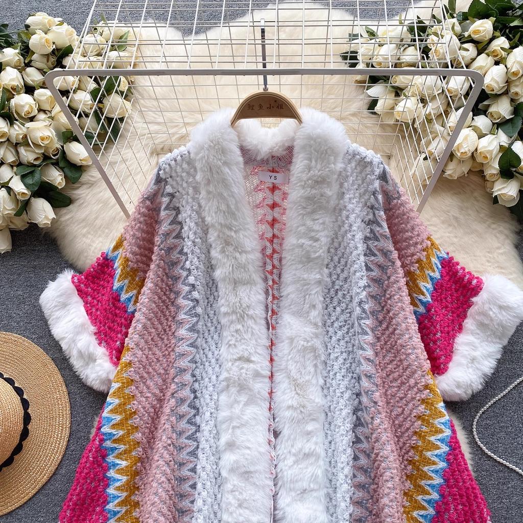 Chic Ethnic Style Color Collision Shawl Sweater Jacket Women Patchwork Soft Warm Hairball Cape Cloak  Knitted Cardigan
