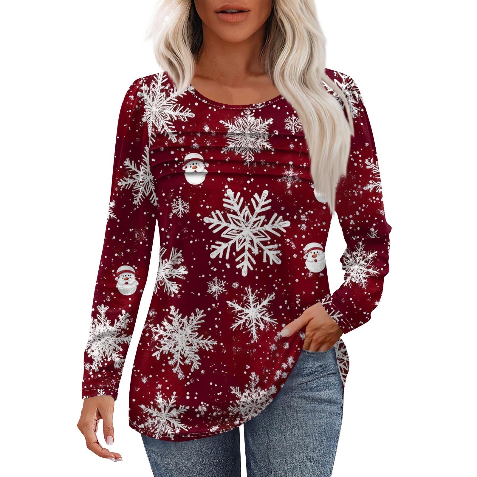 

Жіноча модна повсякденна різдвяна плісирована футболка з круглим вирізом і довгими рукавами XL винний