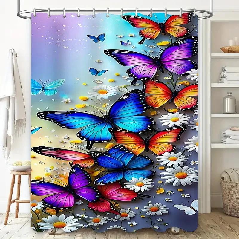 Colorful Butterflies and Daisies Waterproof Shower Curtain Heat Resistant Machine Washable Non-Transparent 180x180cm