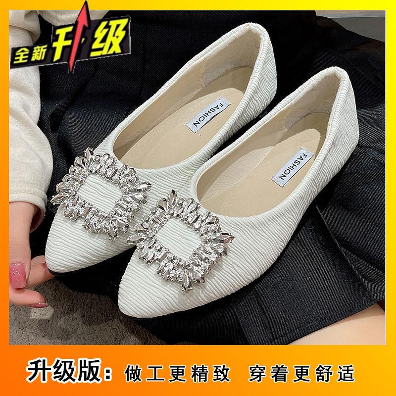 French Ladyshoes Single Shoes 2025 New Spring and Autumn Gentle Evening Pointed Shoes Flat Bottom Shallow Mouth Soft Bottom Temperament Rhinestone