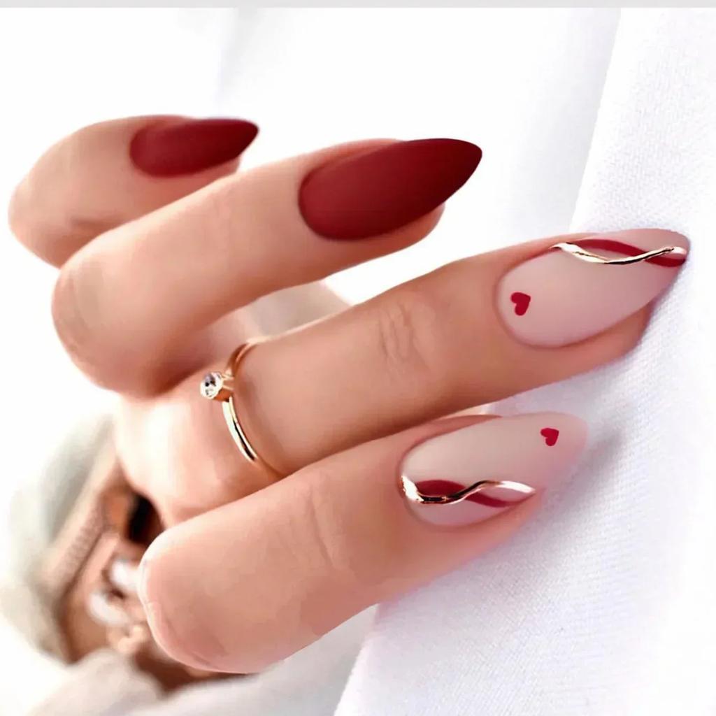 24Pcs Long Almond Press On Nails French Pink Wave Line Design Detachable Fake Fingernails Manicure Tips