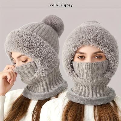 Winter Fleece Lined Knitted Hat with Ear Covers 3 In 1 Winter Hat Scarf Mask Set Windproof Warm Hooded