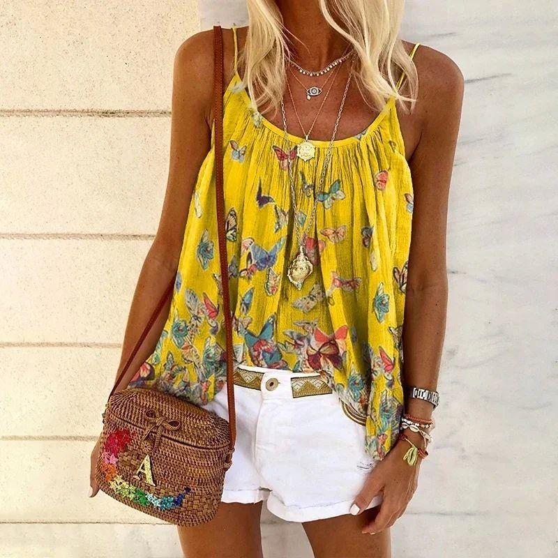 Butterfly Print Halter Top T-shirt Fashion Butterfly Print Sling Tops T-shirt for Women