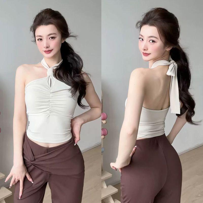 

Yoga Vest Hanging Neck Tube Top Beauty Back Sports Underwear Front Chest Pleat Fixed Cup Fitness Bra Shockproof Push up Elastic Ivory White M