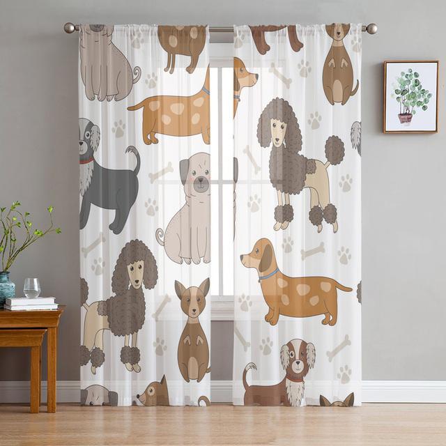 Cartoon Pet Paw Footprint Tulle Curtains For Living Room Bedroom Decoration Chiffon Sheer Voile Kitchen Window Curtain Drapes
