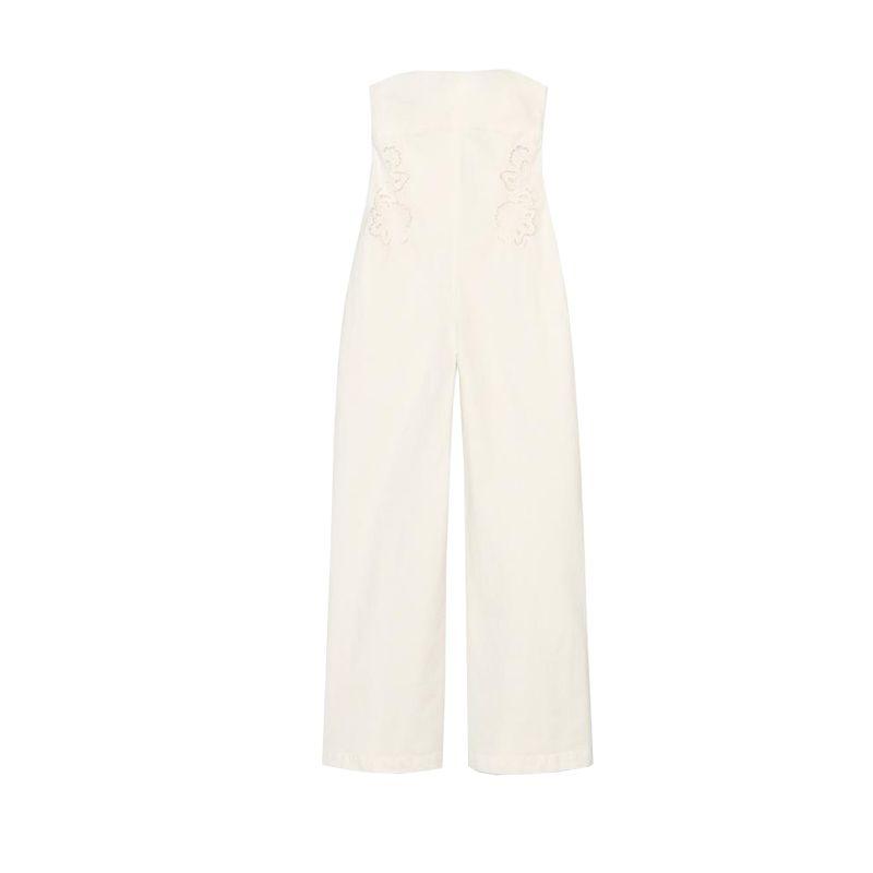 

Летняя женская одежда Вышивка Декоративный прямой воротник Дизайн с открытыми плечами Прямые широкие брюки Длинный комбинезон 0881361 Ground White L