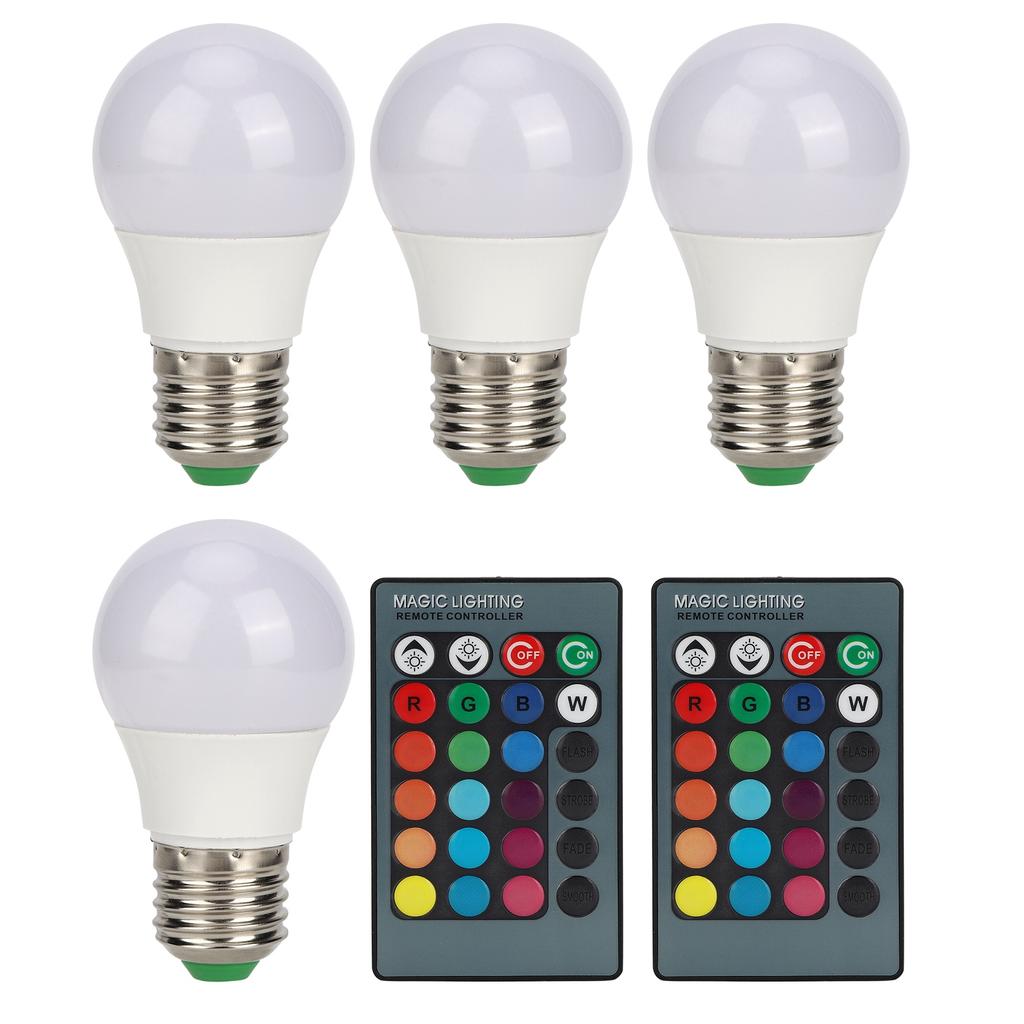 4pcs E27 RGB LED Light Bulbs Colorful Decorating Lamp with 2 Remote Controls 3W AC85‑265V