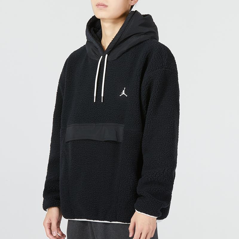 Jordan Color Block Drawstring Faux Lambswool Patchwork Fleece Hoodie Men Hoodie Black DV1587-010