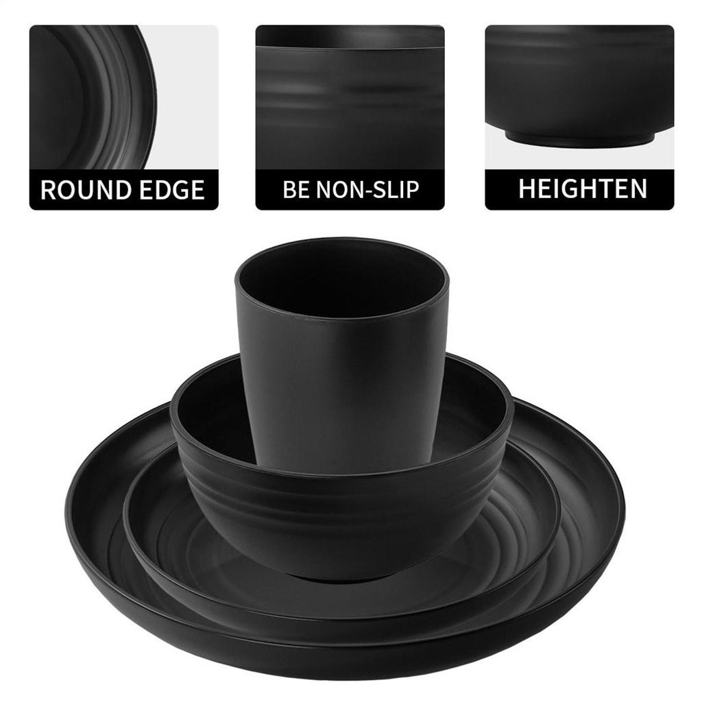 Wheatstraw Dinnerware Set Camping Plates Cups and Bowls Set Sturdy Stackable Silverware Utensil for Indoor Travel Home Apartment