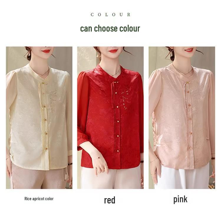 Mom's Spring Seven-Sleeve Cardigan: New 2026 Chinese National Style Round Neck Shirt for Middle-Aged & Elderly Women