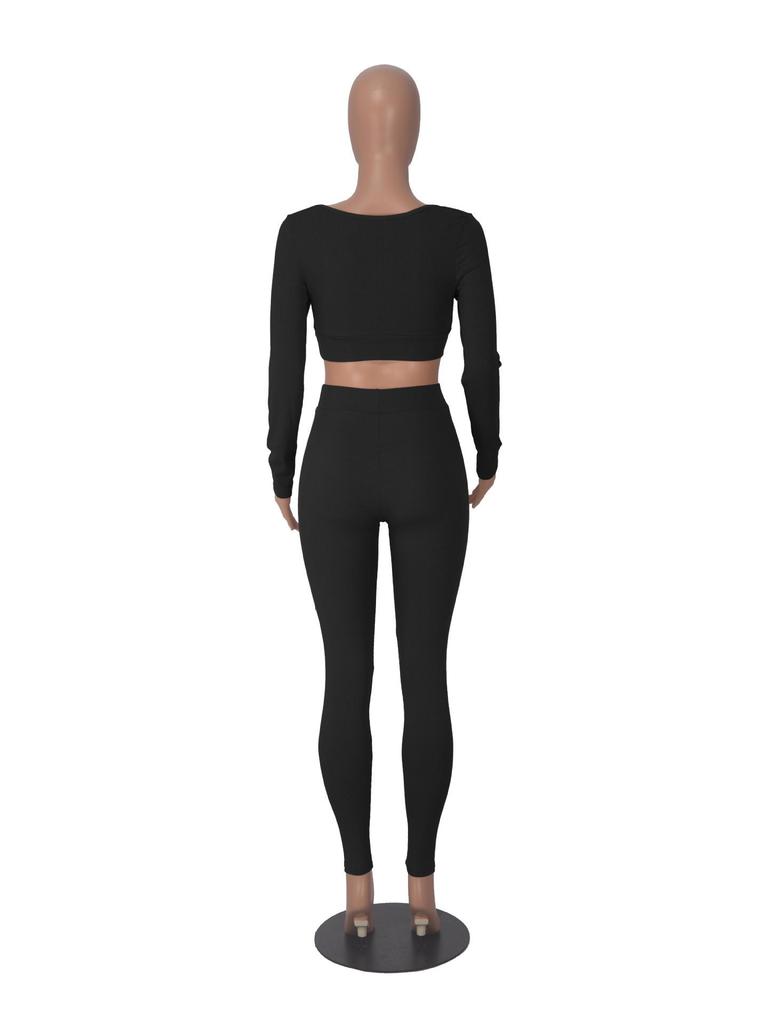 Women's Summer 2026 European & American Square Neck Two-Piece Set - Slim Fit, Long Sleeve, Solid Color Suit