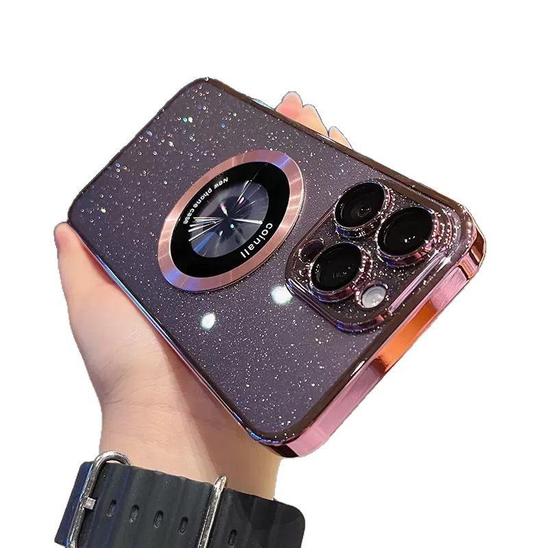Applicable To IPhone16ProMax Magnetic Suction Phone Case Electroplated Apple 15 Transparent 14 Starry Sky Flash Powder with Lens Film