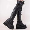Gothic Overknee Stiefel Damen Plateau Wedges Motorradstiefel Overknee Army Stripper Heels Punk Schnürgürtel Schnalle Lang