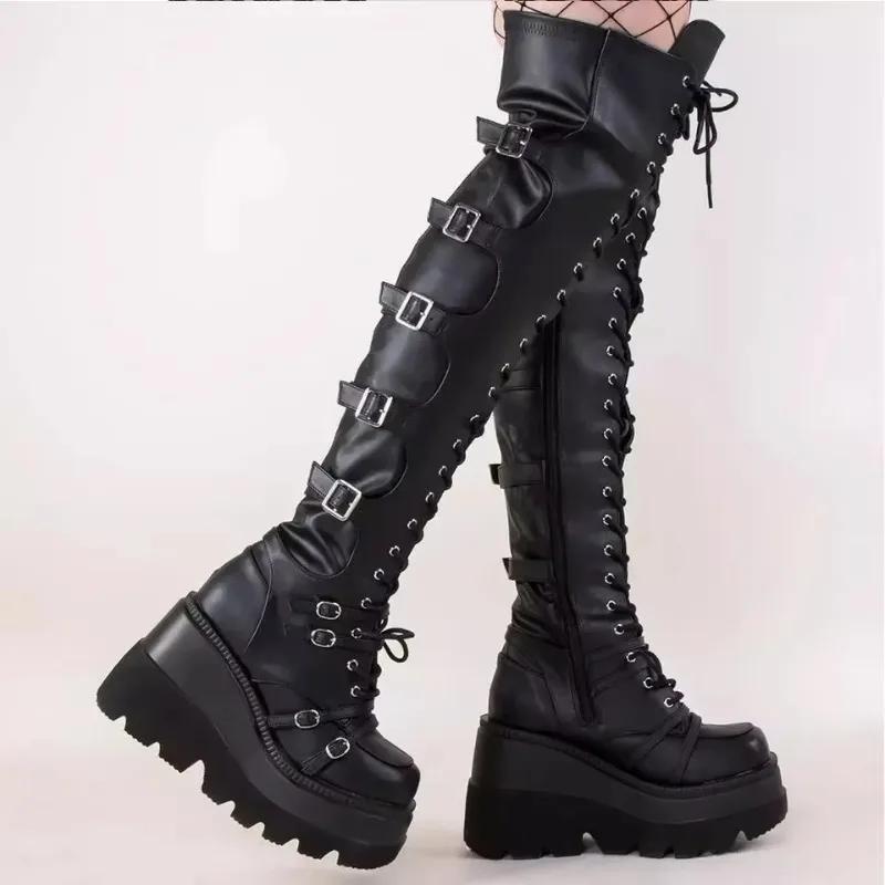 Gothic Overknee Stiefel Damen Plateau Wedges Motorradstiefel Overknee Army Stripper Heels Punk Schnürgürtel Schnalle Lang