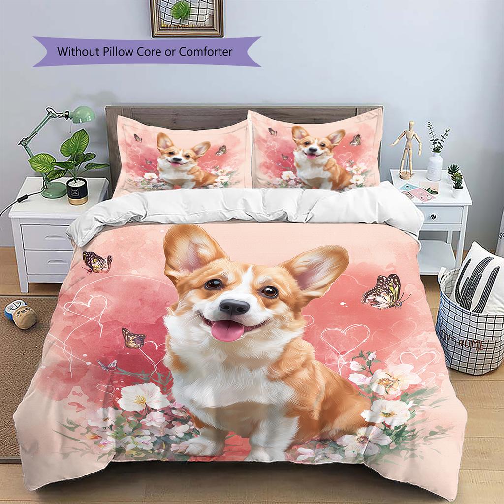 Pink Corgi Pattern Bedding Home Decoration Birthday Gift (1 * duvet cover + 2 * pillowcase, without core)