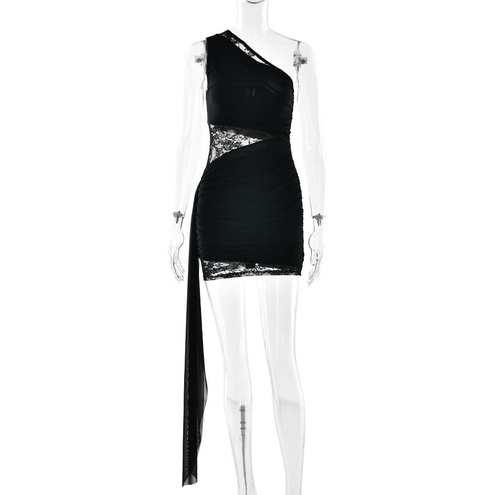 European and American Style Pure Desire Temperament Elegant Sexy Lace Splicing Streamer Sleeveless Diagonal Neck Off-the-shoulder Tight Pleated Dress