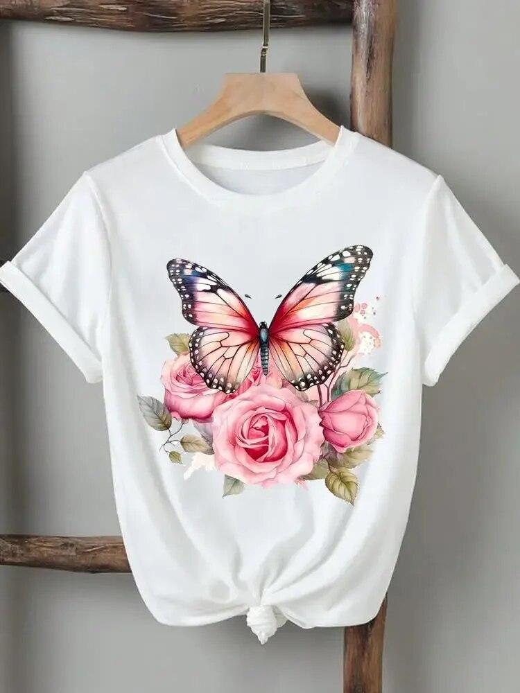 Women Lady Tshirts Printed Fashion Casual Tee Flower Wing Butterfly 90s Short Sleeve Graphic T Top Clothing Printing T-Shirt Unisex