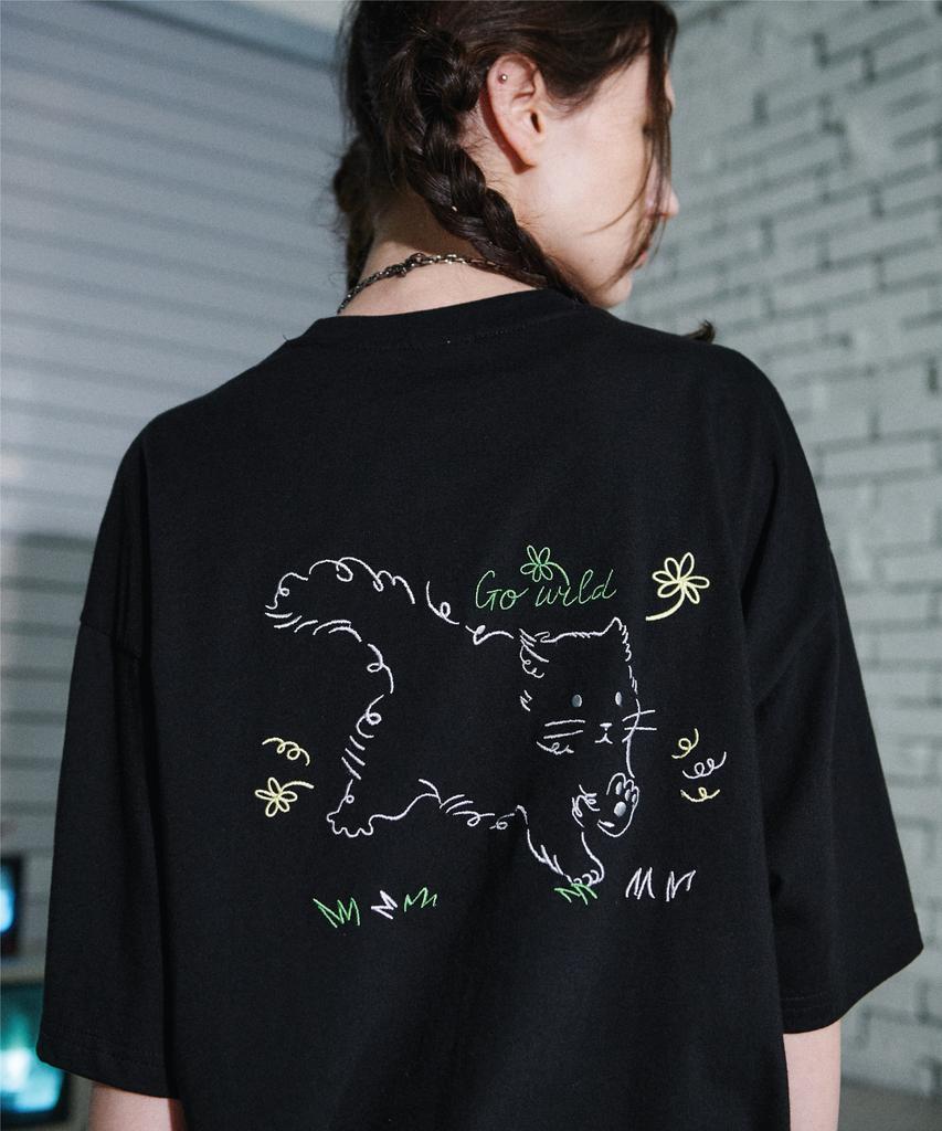 CPGN STUDIO Wild Cat Embroidered Short Sleeve T-Shirt Black