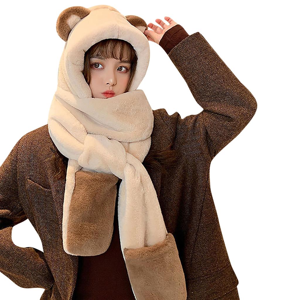 Thickened Plush Bear Hat Scarf Set Women Winter Three Piece Set Soft Warm Hooded Scarf with Ear Design Comfortable and Cozy